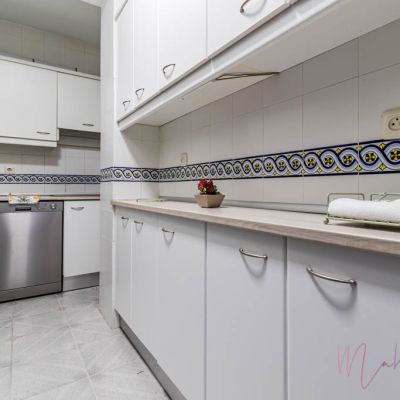 Cocina estrecha con muebles blancos, encimera de madera clara, lavavajillas de acero inoxidable y azulejos decorativos con detalles azules y amarillos.