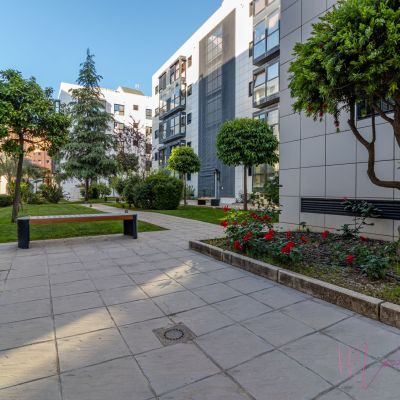 Area ajardinada en residencial moderno con bancos, árboles, flores rojas y senderos pavimentados, rodeada de edificios de diseño contemporáneo.